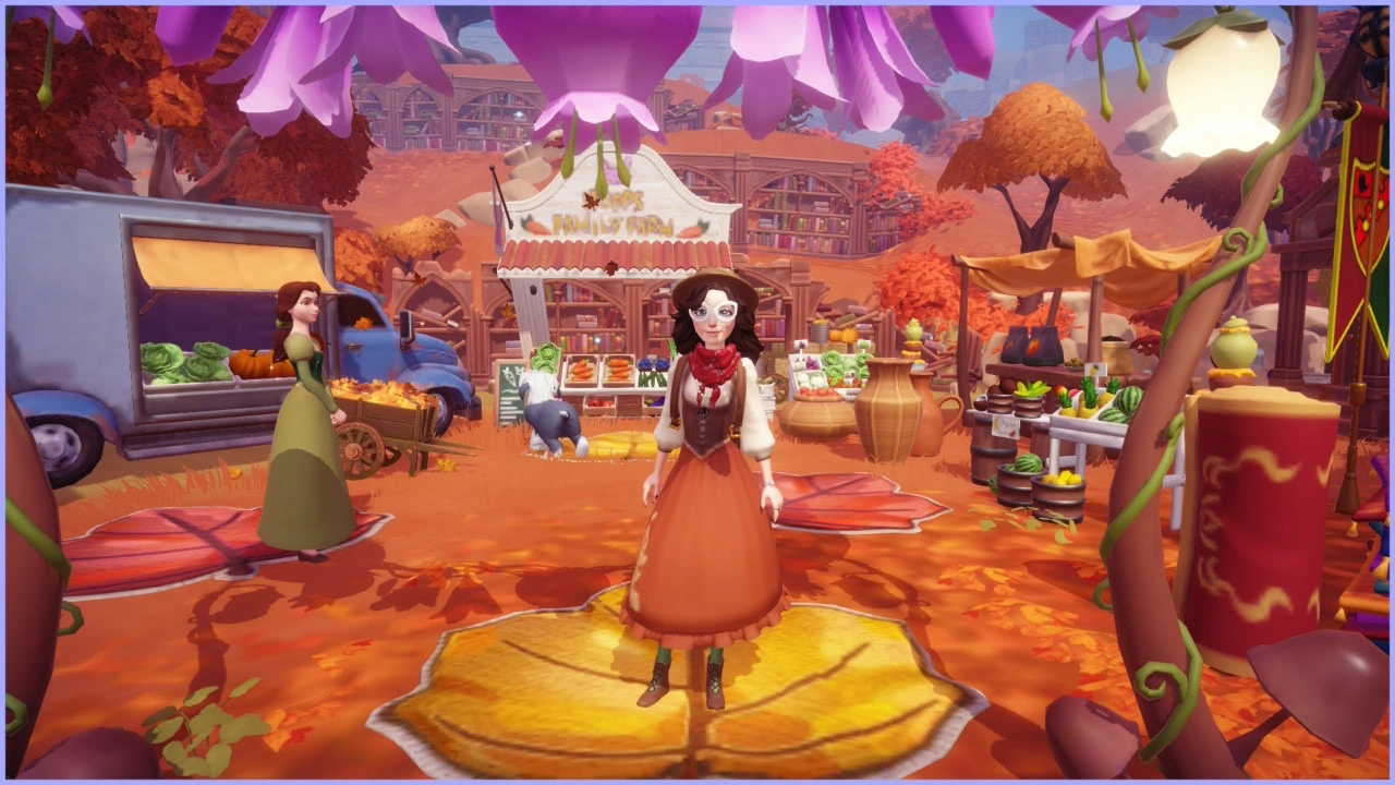 Disney Dreamlight Valley autumn marketplace with Belle in orange dress