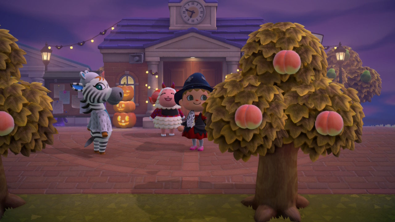 Animal Crossing characters celebrating Halloween with jack-o'-lanterns and peach trees at night