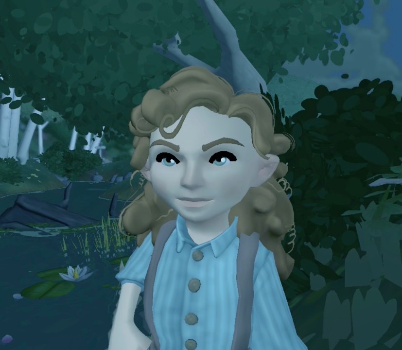 Wendy from Peter Pan by peaceful water with lilies in Dreamlight Valley