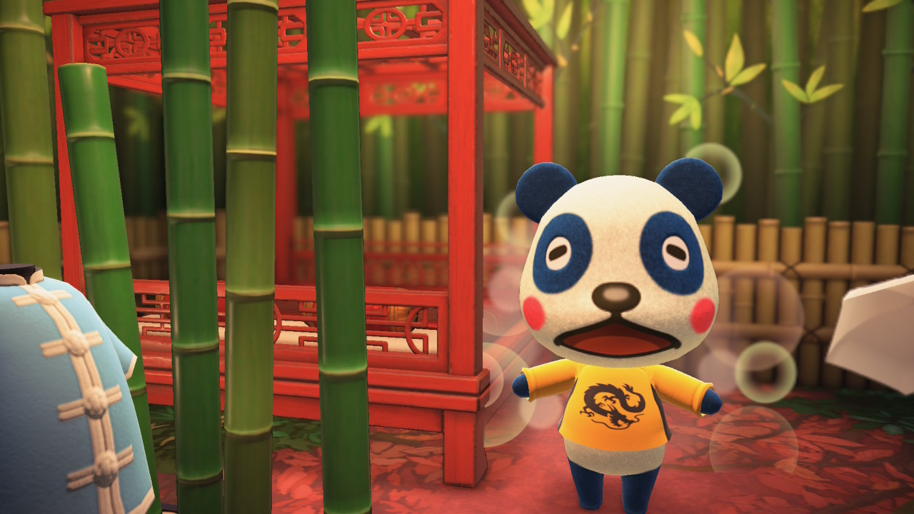 Panda villager in bamboo garden in Animal Crossing