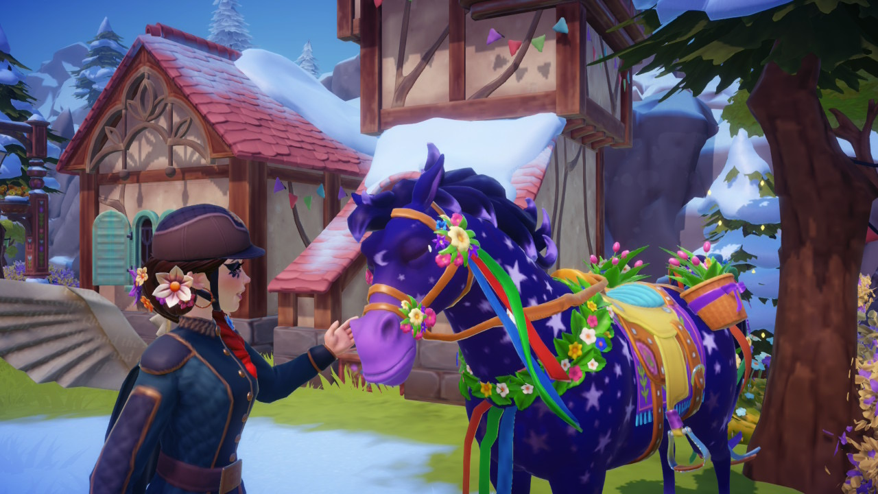 Player avatar petting a beautifully decorated star-themed horse with festive decorations near Snow White's cottage in winter