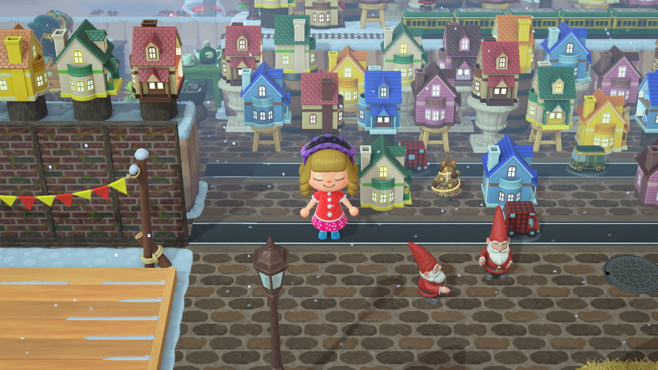 Animal Crossing winter village scene with colorful miniature houses