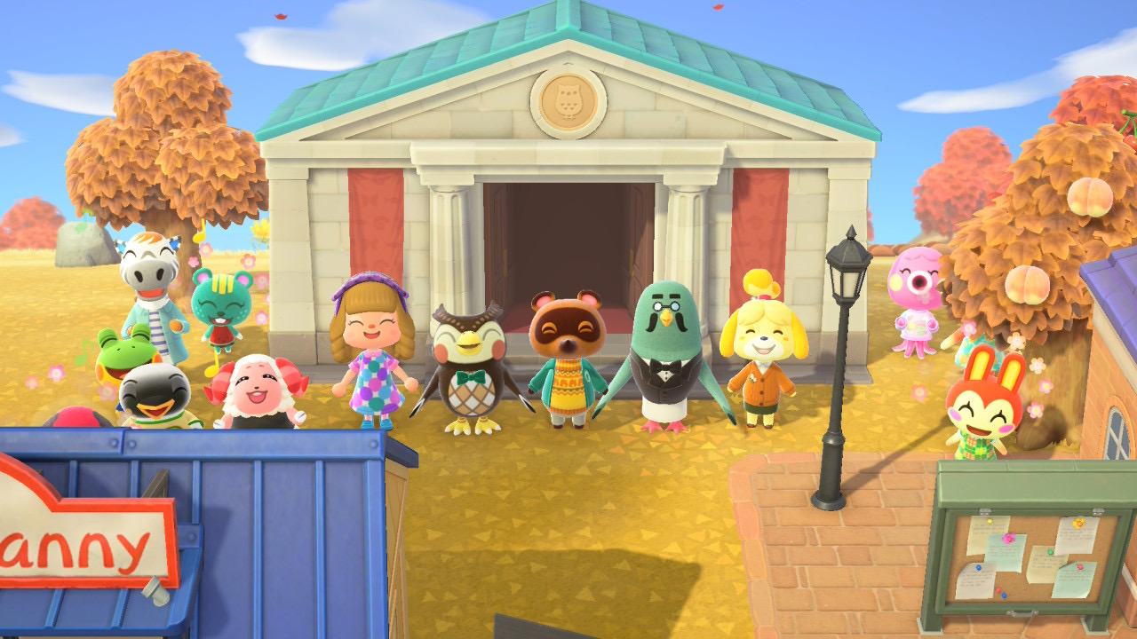 Group of Animal Crossing villagers in front of museum in autumn