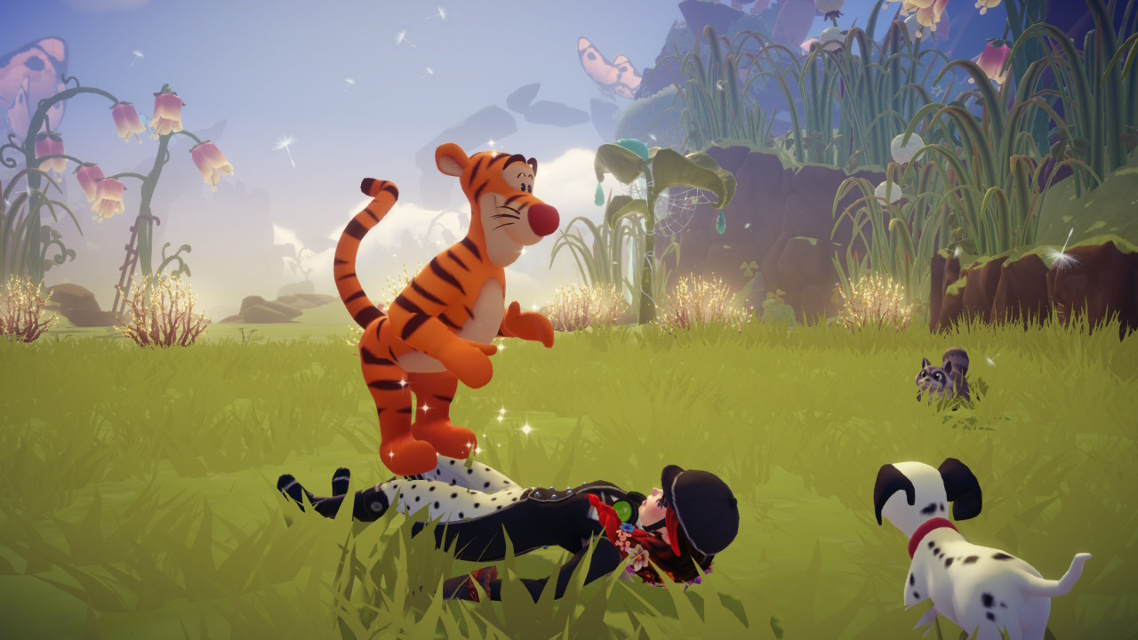Tigger bouncing playfully over Cruella De Vil who is lying on the ground with dalmatian puppies nearby in a whimsical garden