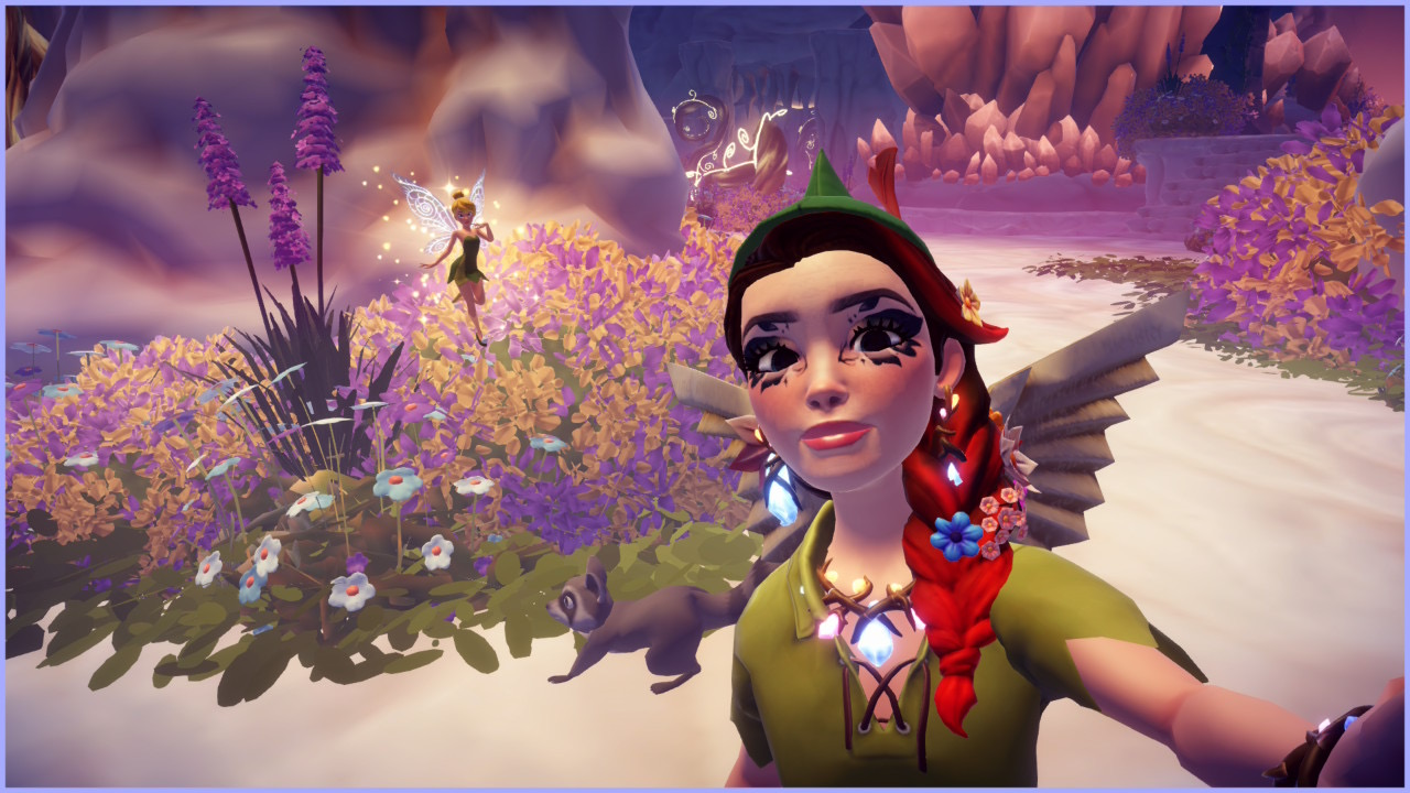 Player avatar in fairy attire surrounded by magical purple flowers and lavender with Tinker Bell visible in the background