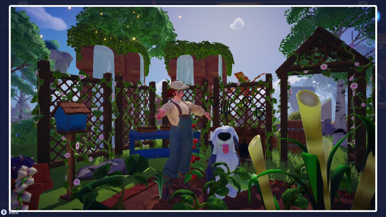 Character in lush garden with dog and flowers in Dreamlight Valley