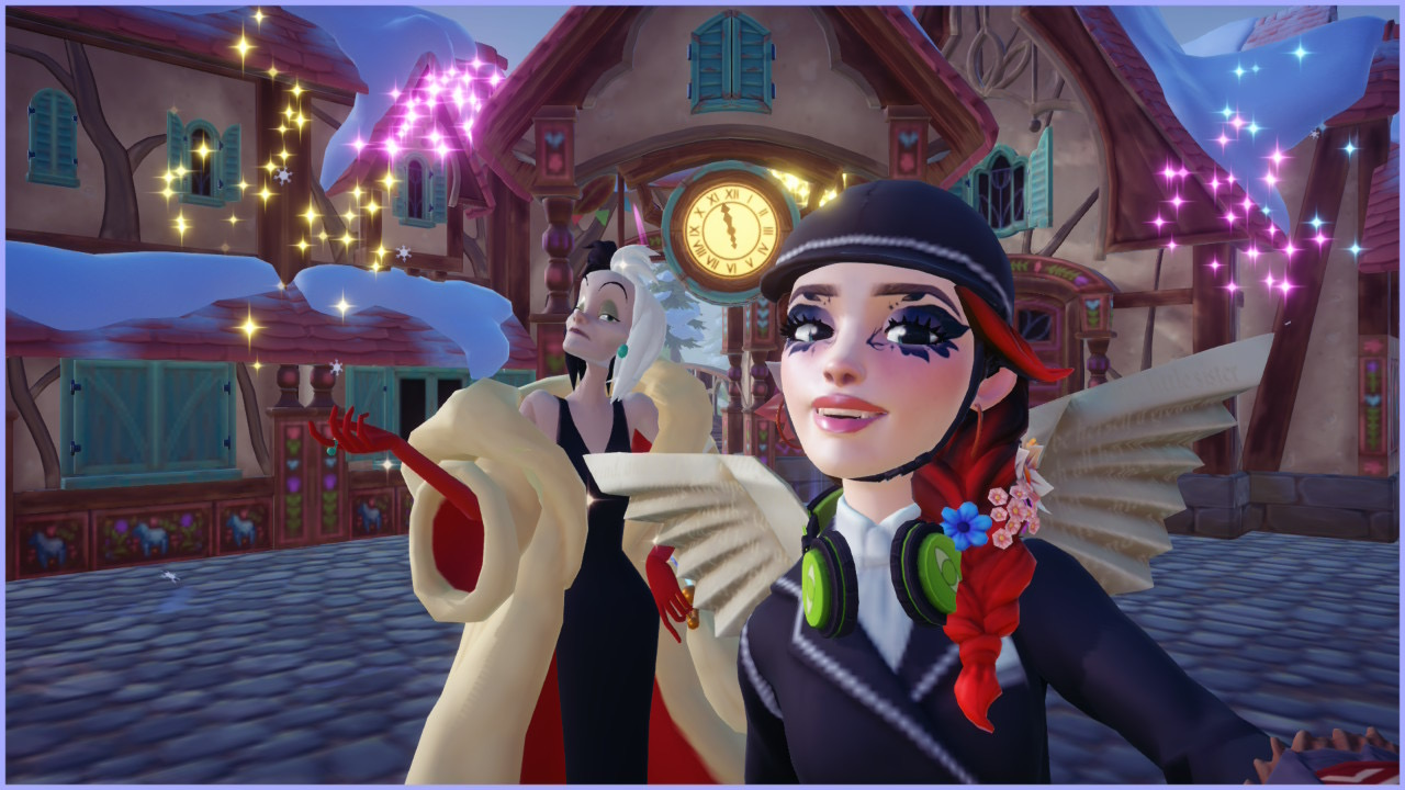 Player avatar and Cruella De Vil posing together in festive plaza with holiday lights and decorated town square at night