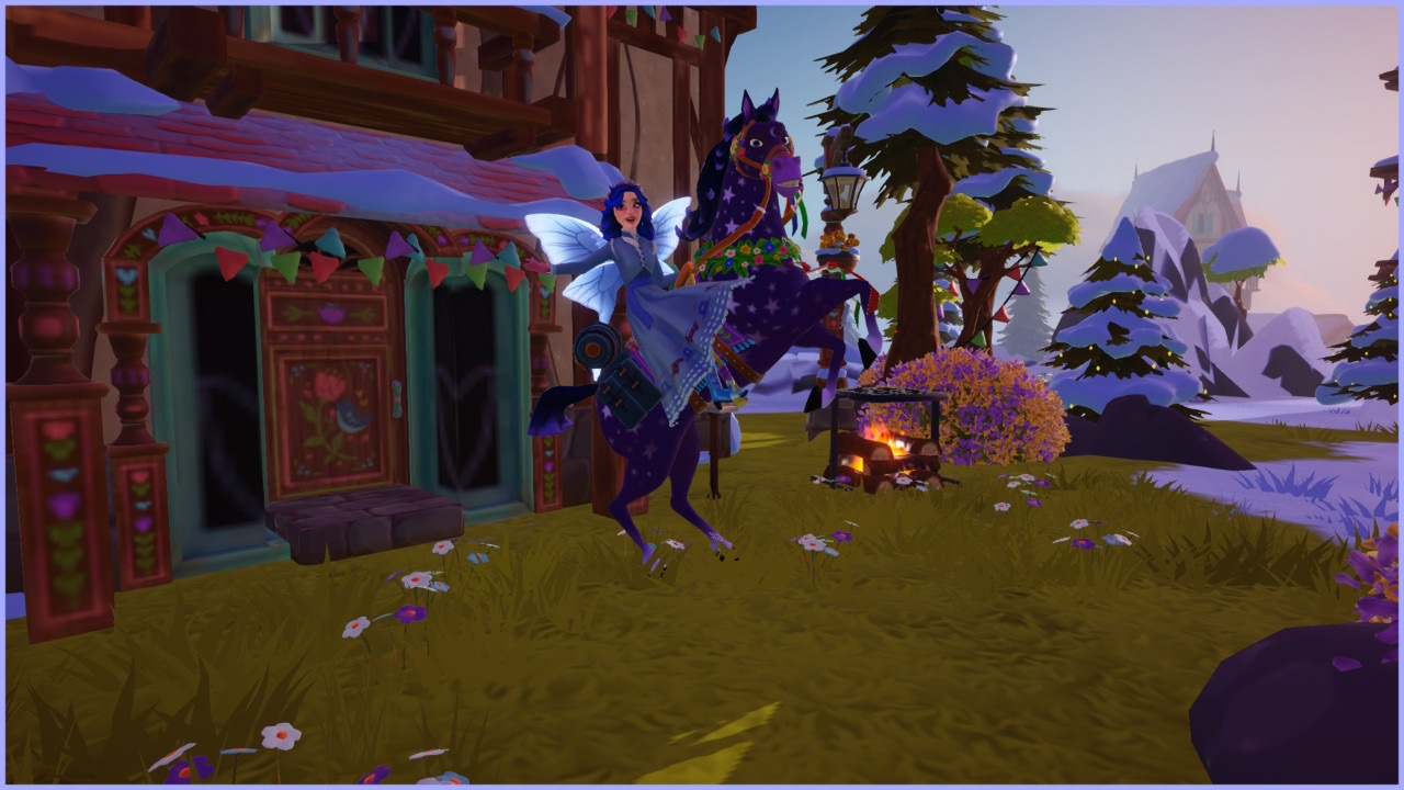 Riding a decorated horse through Wishblossom Ranch